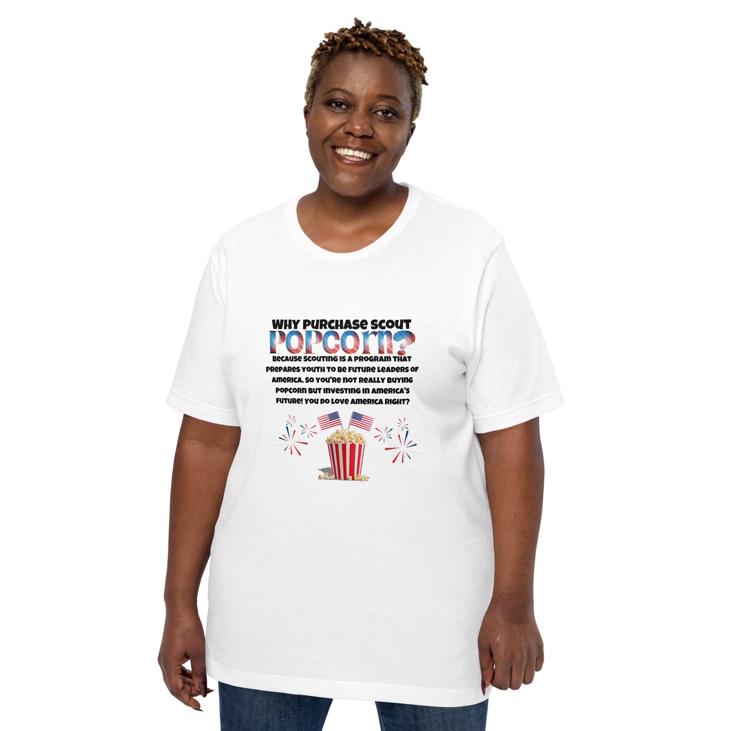 Why Purchase Scout Popcorn? Unisex t-shirt